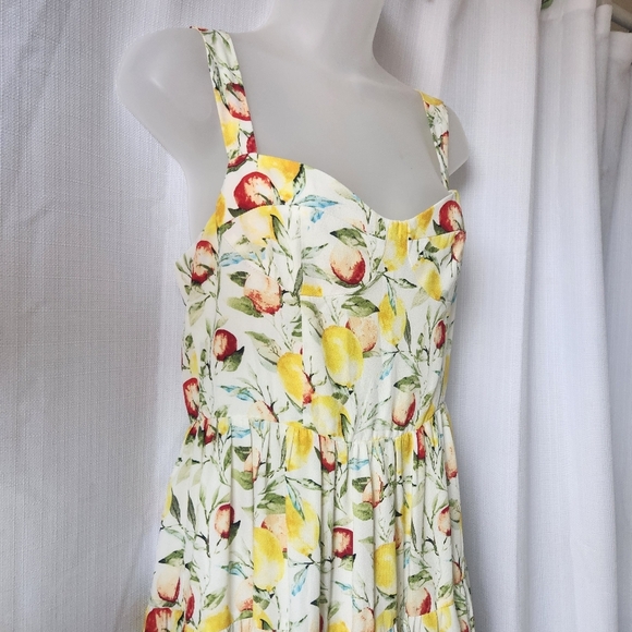 Aqua Fruit Medley Tiered Yellow Sweetheart Neckline Midi Sundress Size L - Picture 8 of 11